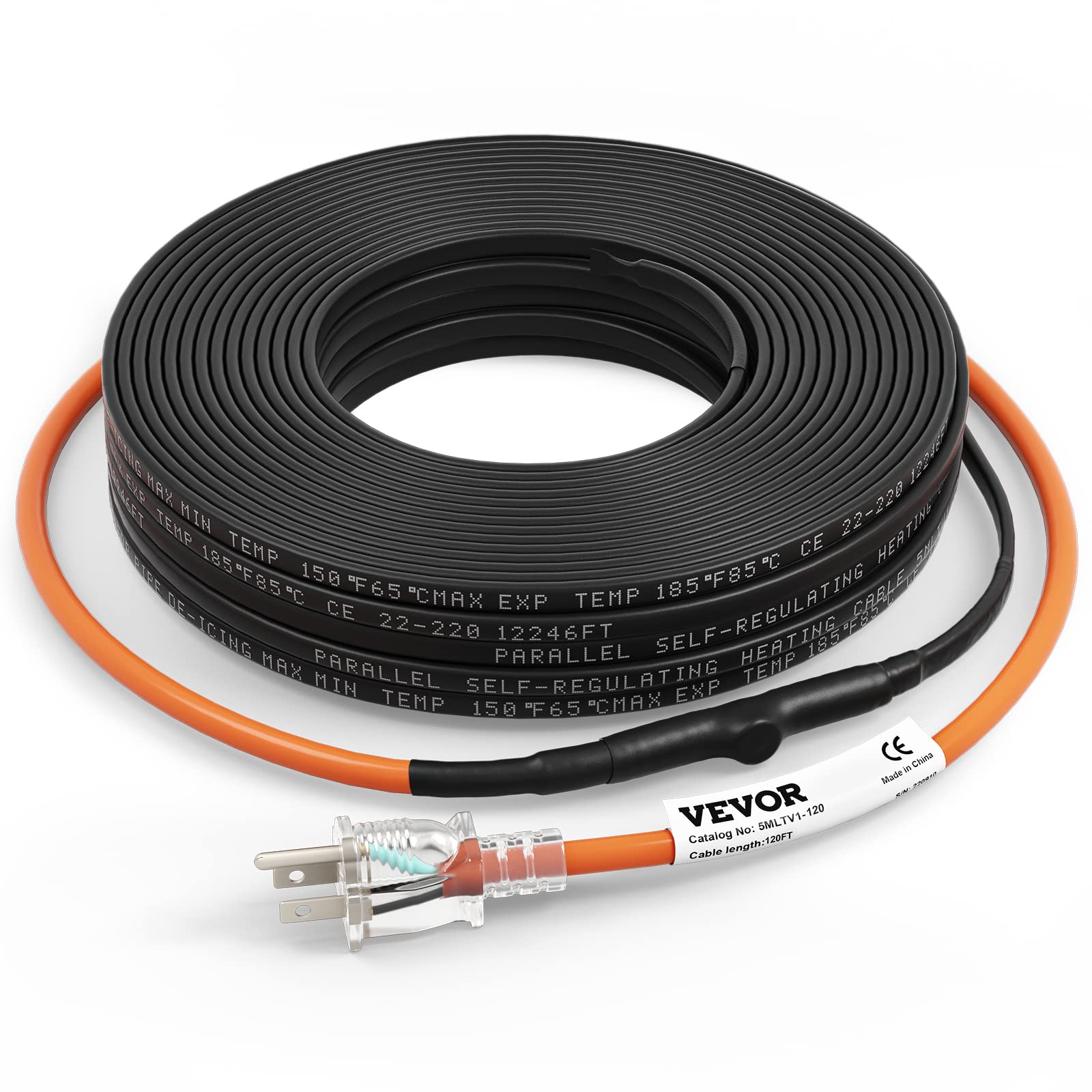 VEVOR Self-Regulating Pipe Heating Cable, 120-feet 5W/ft Heat Tape for Pipes Freeze Protection, Protects PVC Hose, Metal and Pla